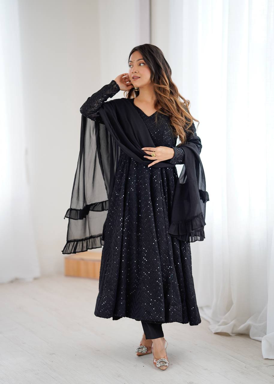 Lukhnowi Georgette Anarkali Suit for Women with Ruffle Dupatta
