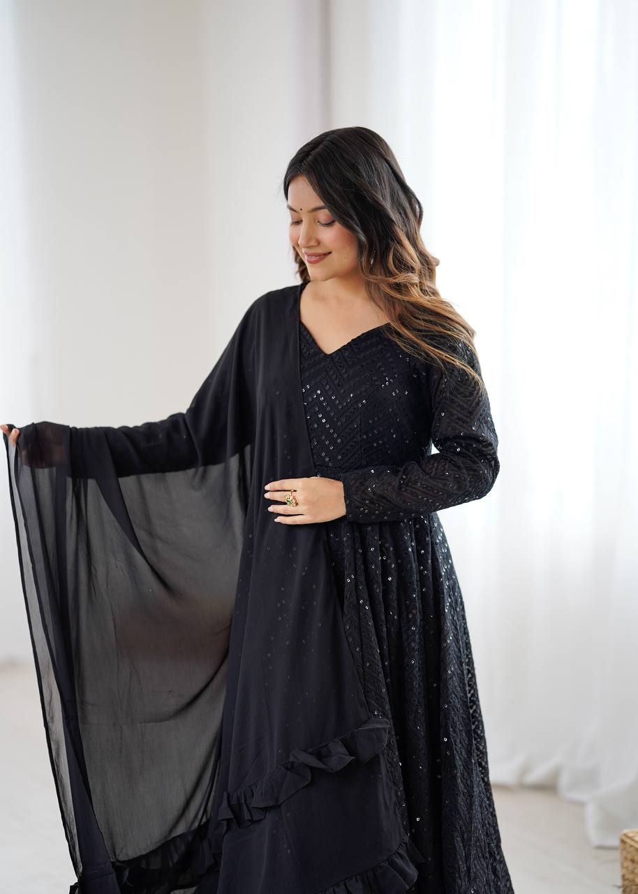 Lukhnowi Georgette Anarkali Suit for Women with Ruffle Dupatta