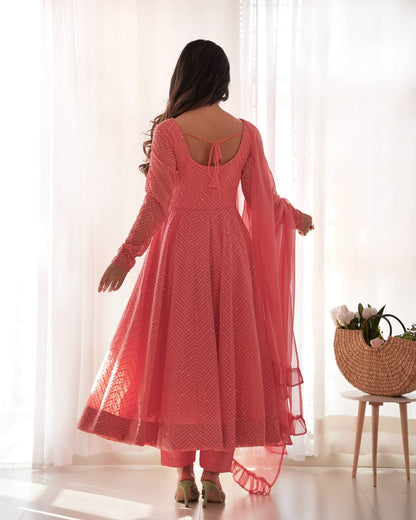 Lukhnowi Georgette Anarkali Suit for Women with Ruffle Dupatta