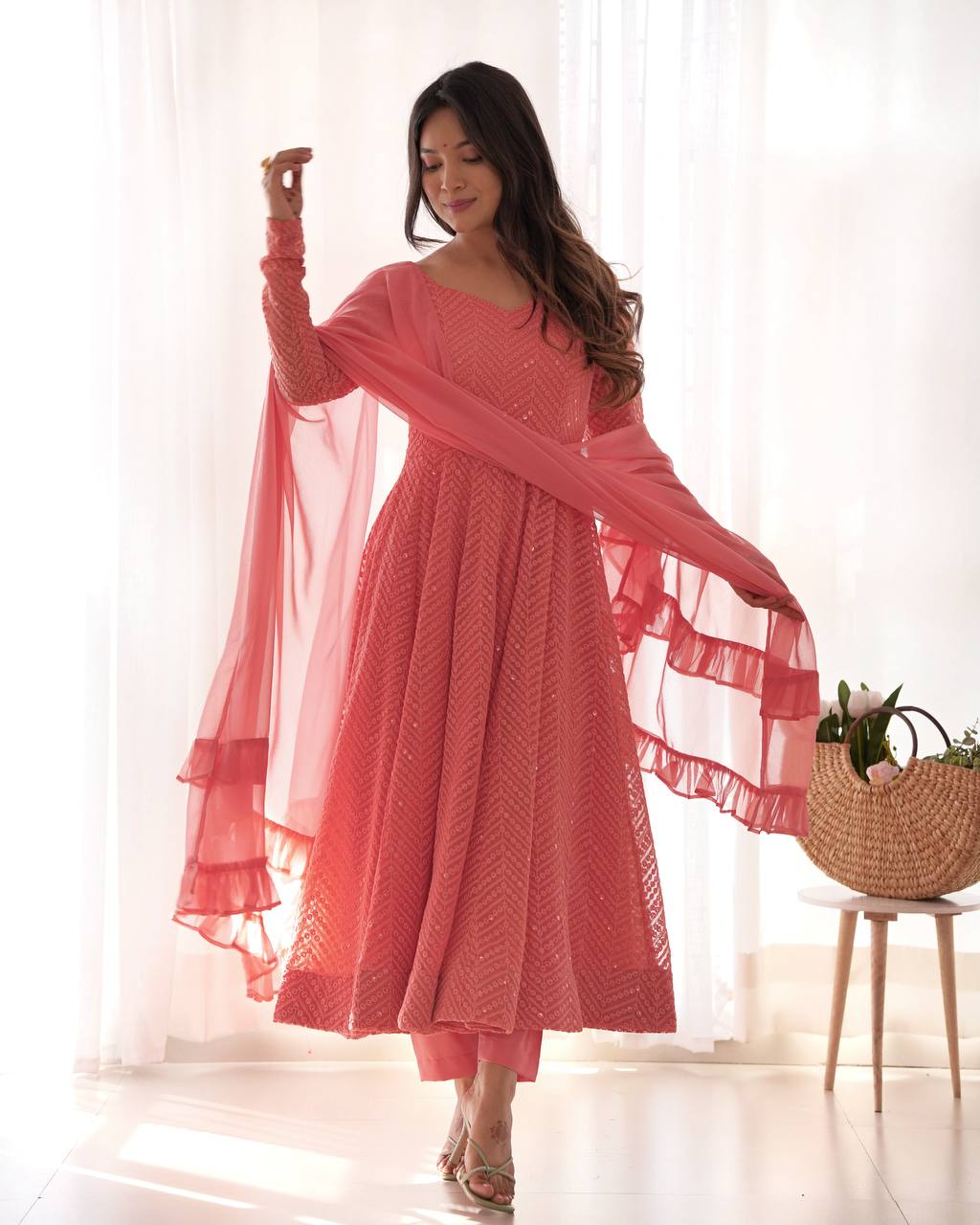 Lukhnowi Georgette Anarkali Suit for Women with Ruffle Dupatta