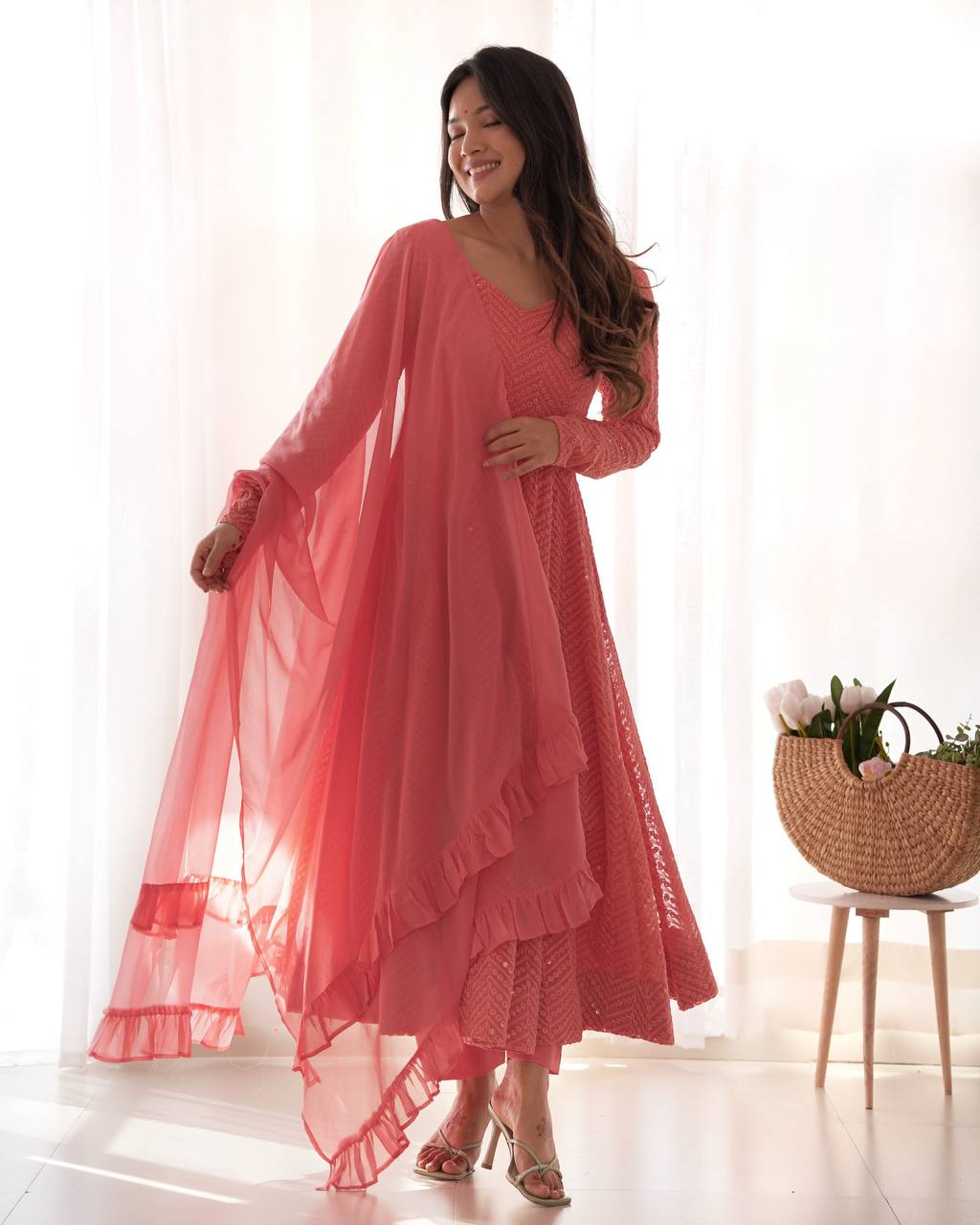 Lukhnowi Georgette Anarkali Suit for Women with Ruffle Dupatta