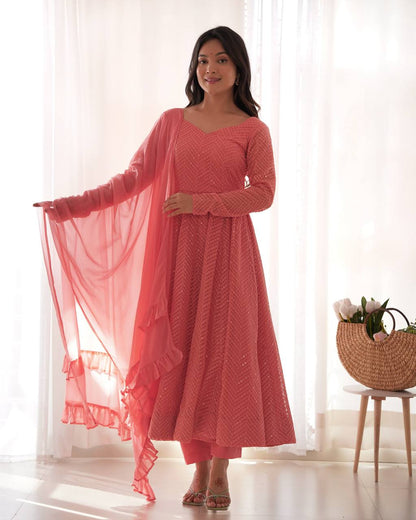 Lukhnowi Georgette Anarkali Suit for Women with Ruffle Dupatta