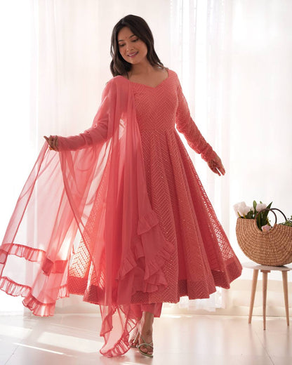 Lukhnowi Georgette Anarkali Suit for Women with Ruffle Dupatta