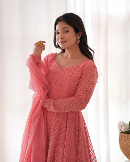 Lukhnowi Georgette Anarkali Suit for Women with Ruffle Dupatta