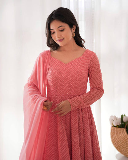 Lukhnowi Georgette Anarkali Suit for Women with Ruffle Dupatta