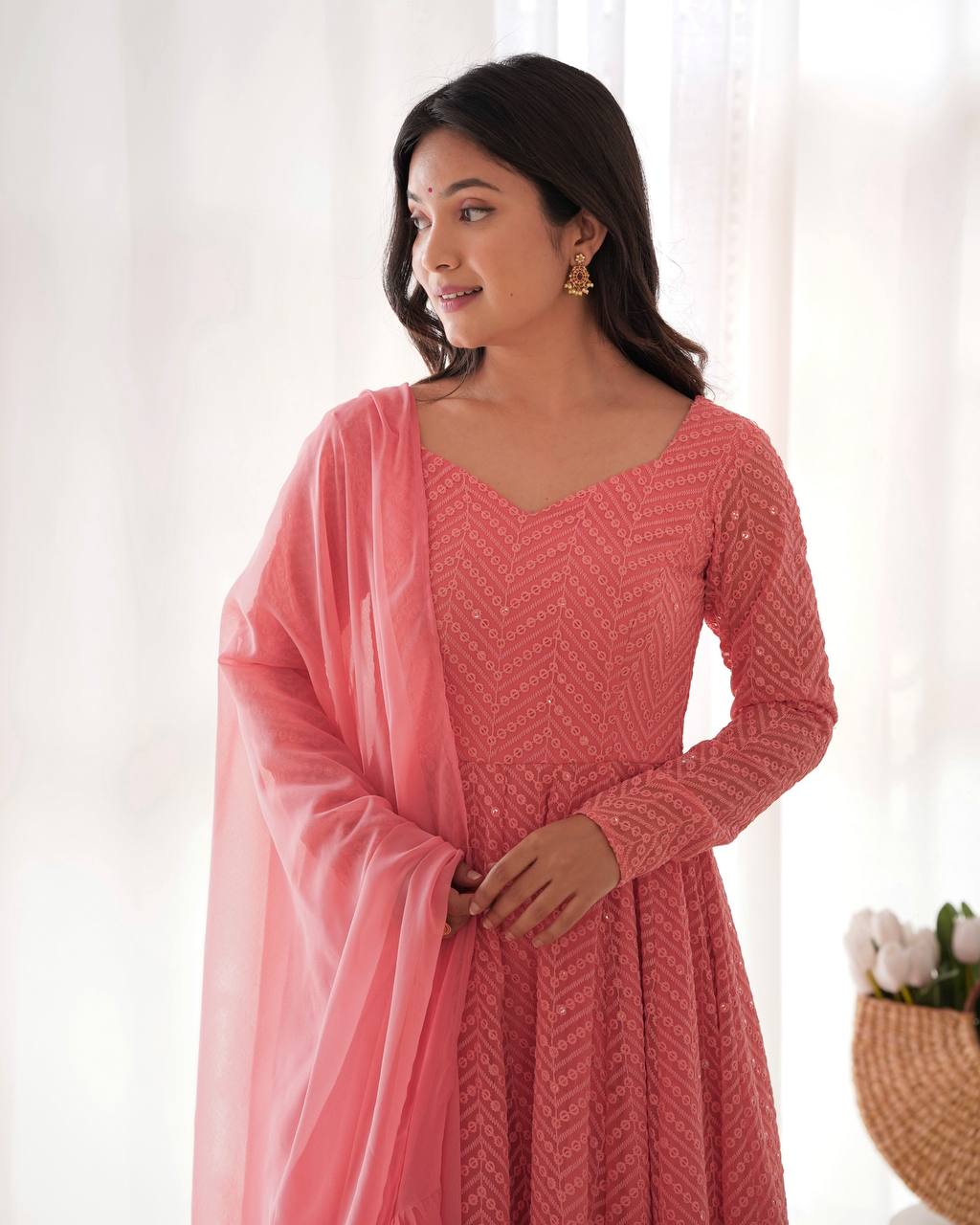Lukhnowi Georgette Anarkali Suit for Women with Ruffle Dupatta