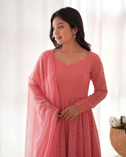 Lukhnowi Georgette Anarkali Suit for Women with Ruffle Dupatta