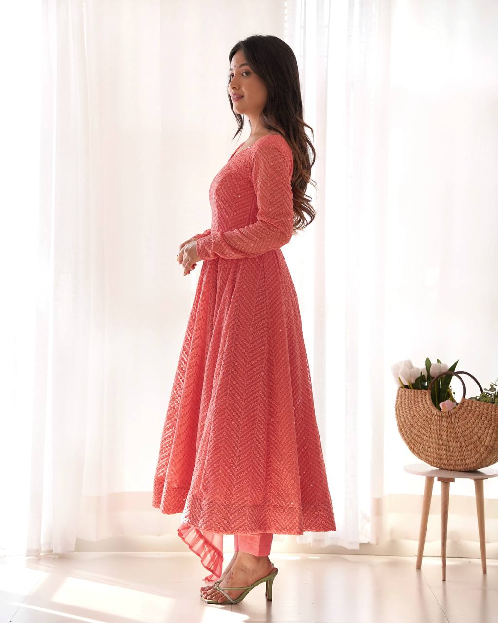 Lukhnowi Georgette Anarkali Suit for Women with Ruffle Dupatta