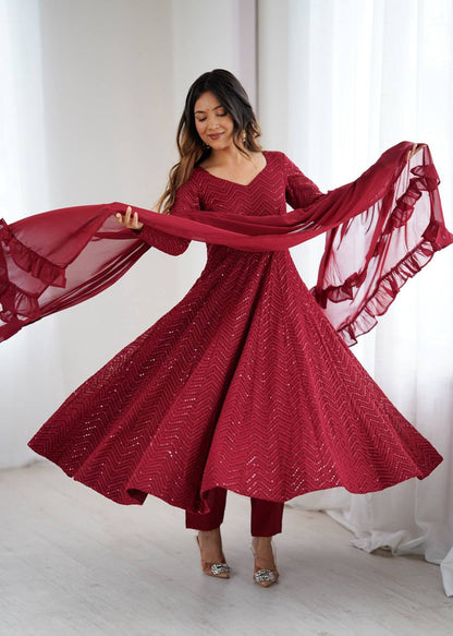 Lukhnowi Georgette Anarkali Suit for Women with Ruffle Dupatta
