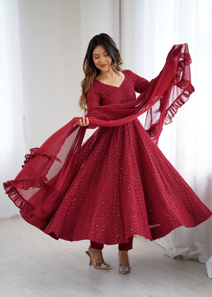Lukhnowi Georgette Anarkali Suit for Women with Ruffle Dupatta
