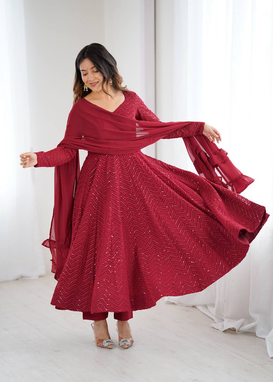 Lukhnowi Georgette Anarkali Suit for Women with Ruffle Dupatta