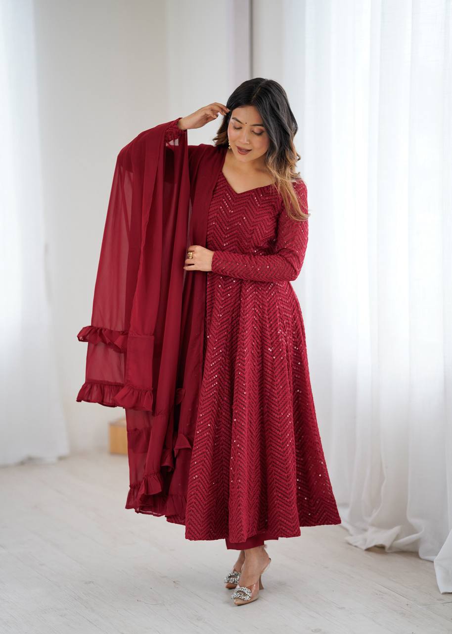 Lukhnowi Georgette Anarkali Suit for Women with Ruffle Dupatta