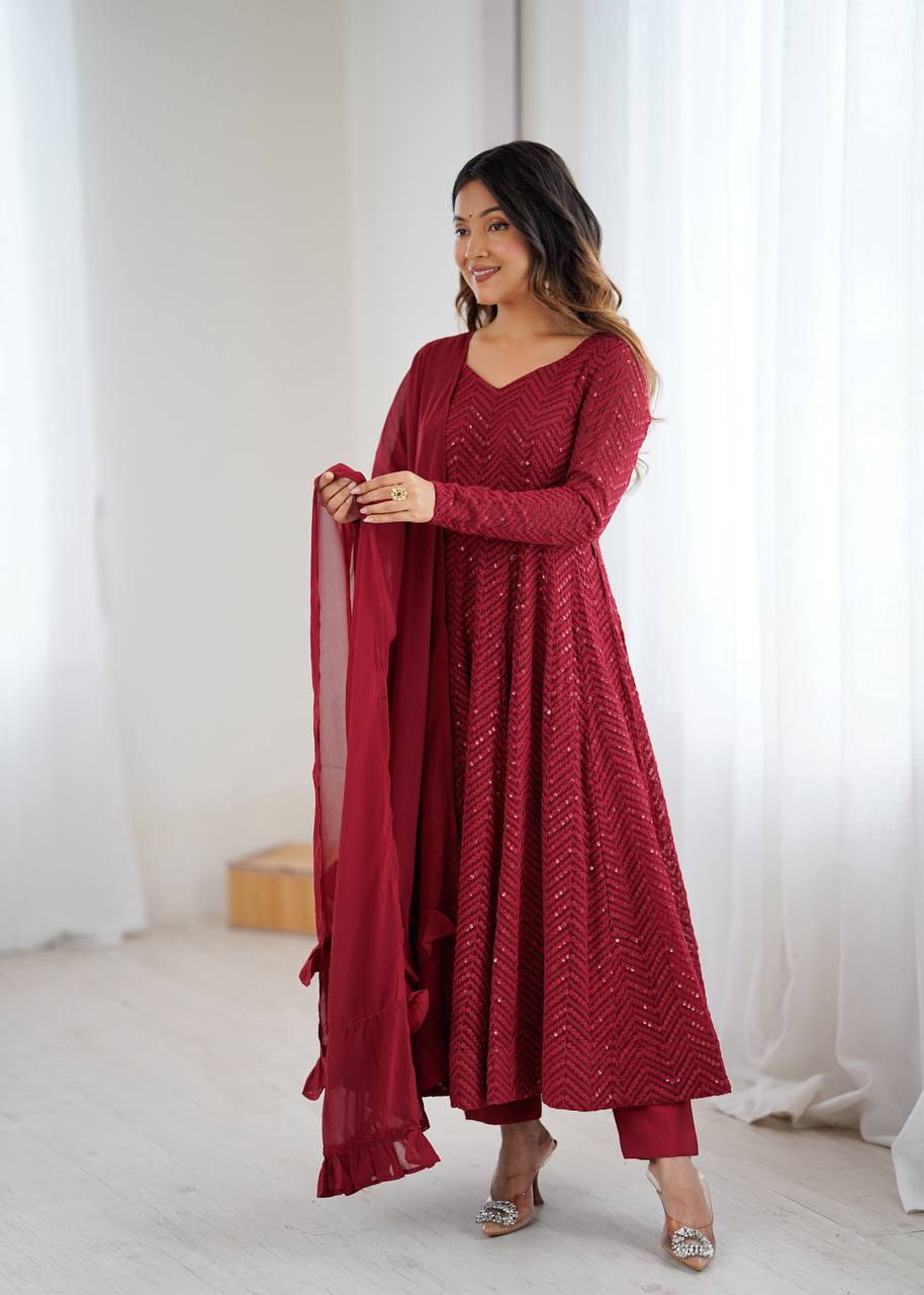 Lukhnowi Georgette Anarkali Suit for Women with Ruffle Dupatta