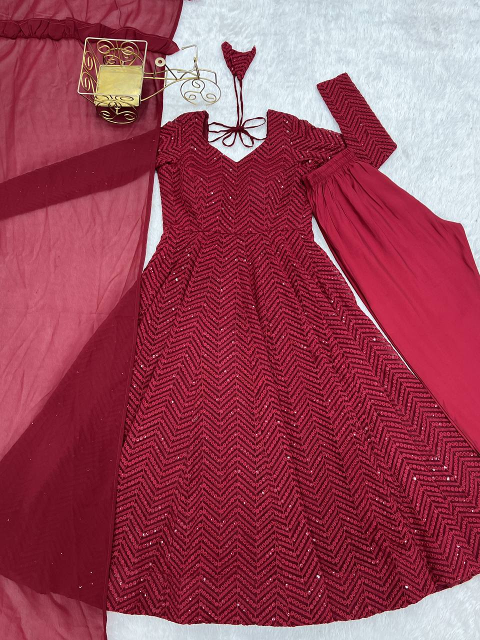 Lukhnowi Georgette Anarkali Suit for Women with Ruffle Dupatta
