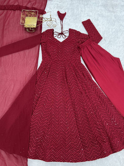Lukhnowi Georgette Anarkali Suit for Women with Ruffle Dupatta