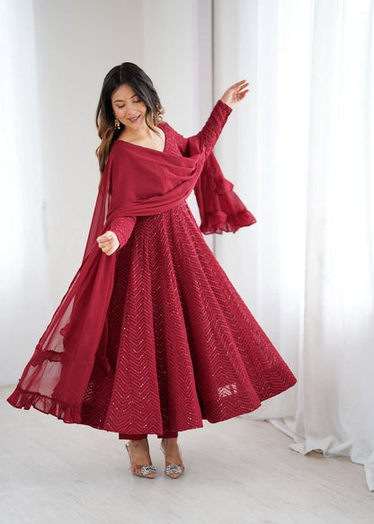 Lukhnowi Georgette Anarkali Suit for Women with Ruffle Dupatta