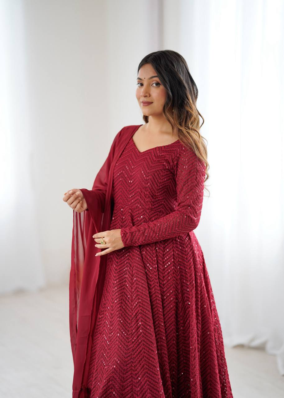 Lukhnowi Georgette Anarkali Suit for Women with Ruffle Dupatta