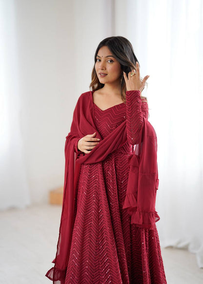 Lukhnowi Georgette Anarkali Suit for Women with Ruffle Dupatta