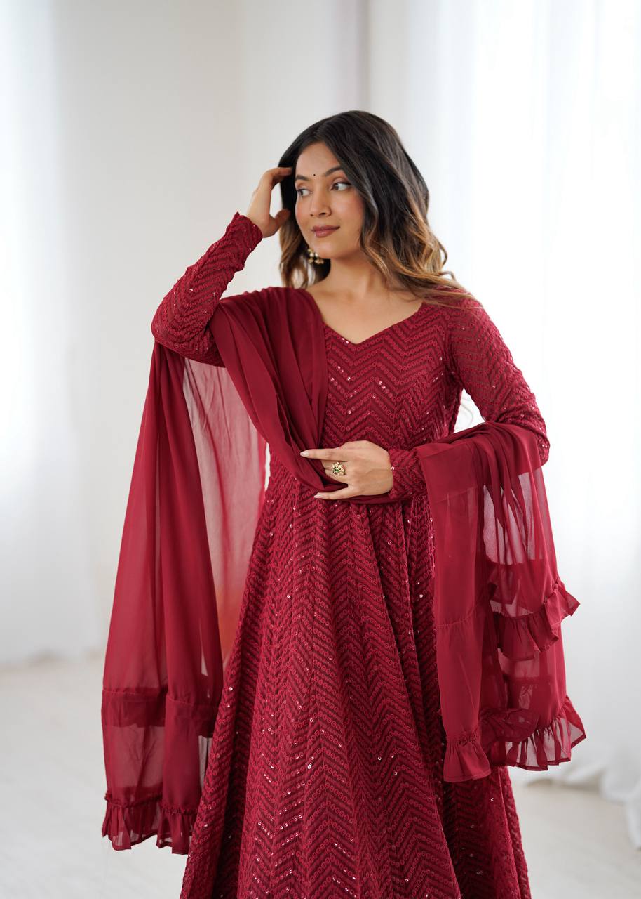 Lukhnowi Georgette Anarkali Suit for Women with Ruffle Dupatta