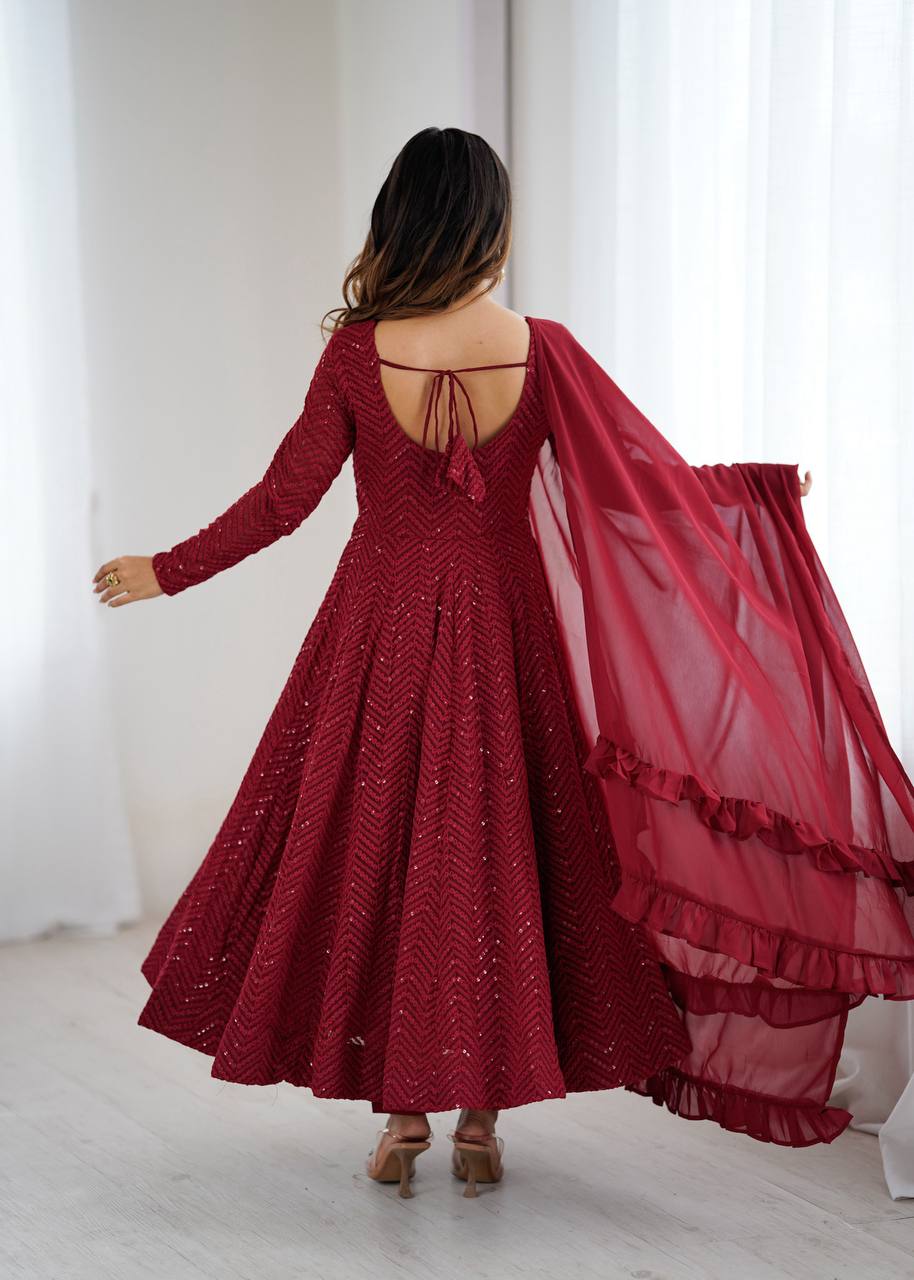 Lukhnowi Georgette Anarkali Suit for Women with Ruffle Dupatta