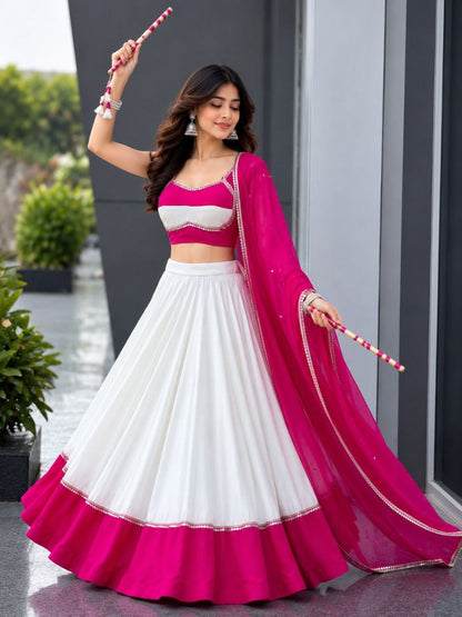 White & Pink Cotton Salwar Kameez - Navratri Lehenga Choli Suit