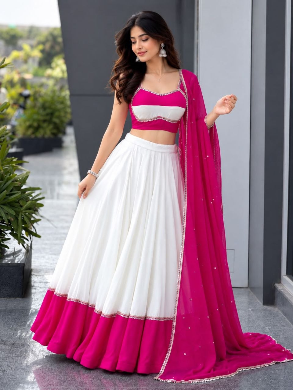 White & Pink Cotton Salwar Kameez - Navratri Lehenga Choli Suit