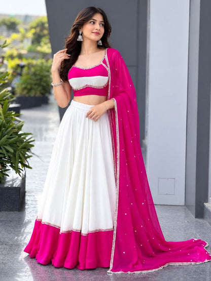 White & Pink Cotton Salwar Kameez - Navratri Lehenga Choli Suit