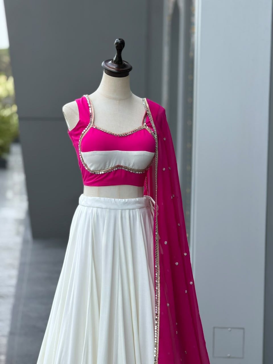 White & Pink Cotton Salwar Kameez - Navratri Lehenga Choli Suit