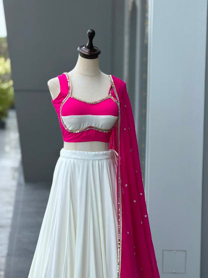 White & Pink Cotton Salwar Kameez - Navratri Lehenga Choli Suit