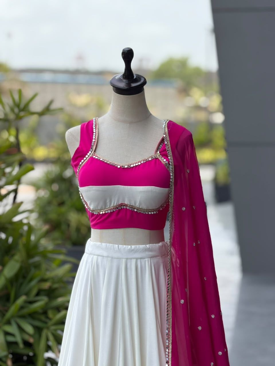 White & Pink Cotton Salwar Kameez - Navratri Lehenga Choli Suit