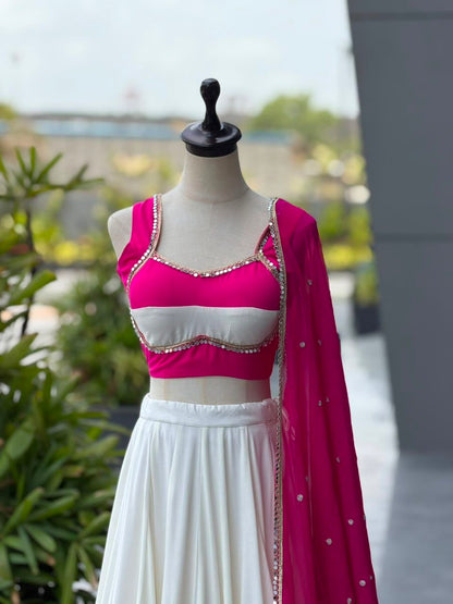 White & Pink Cotton Salwar Kameez - Navratri Lehenga Choli Suit