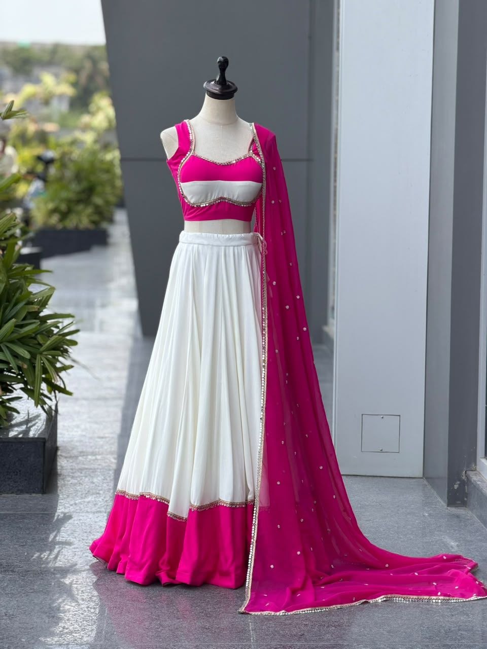 White & Pink Cotton Salwar Kameez - Navratri Lehenga Choli Suit