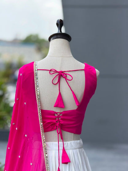 White & Pink Cotton Salwar Kameez - Navratri Lehenga Choli Suit