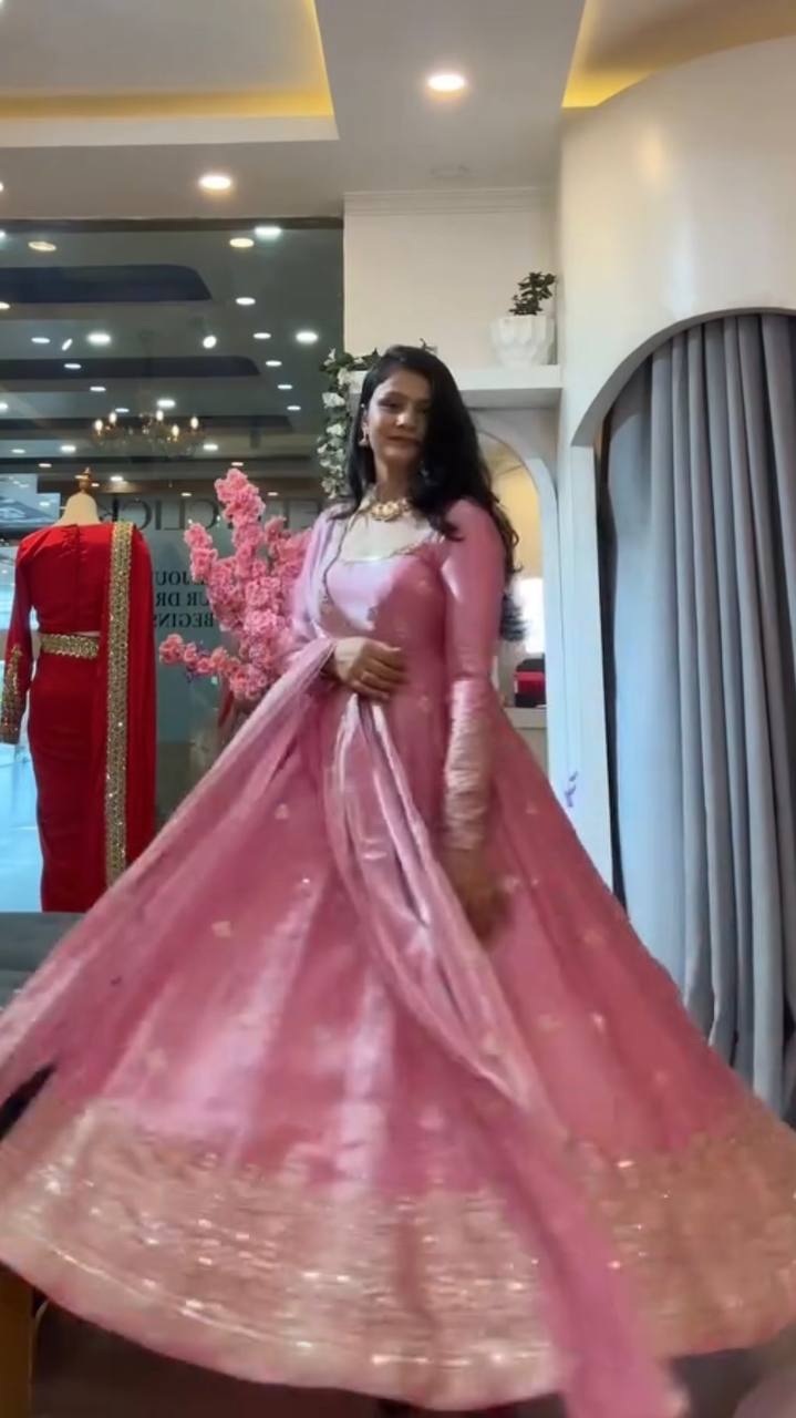 Rose Pink Fendy Silk Gown Salwar Suit for Wedding Party Wear