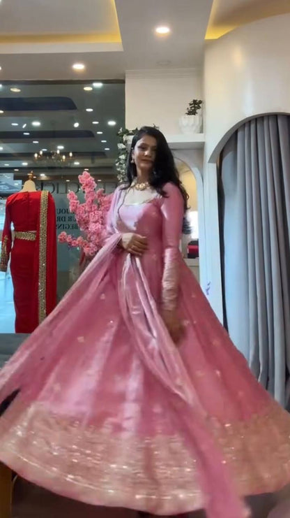 Rose Pink Fendy Silk Gown Salwar Suit for Wedding Party Wear