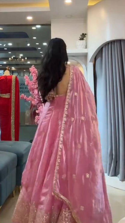 Rose Pink Fendy Silk Gown Salwar Suit for Wedding Party Wear