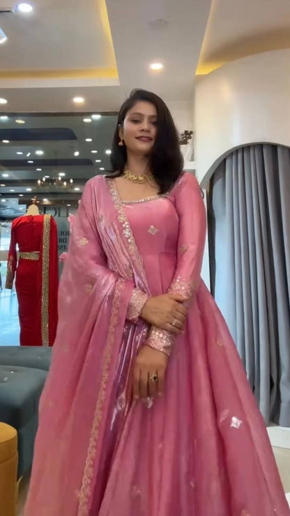 Rose Pink Fendy Silk Gown Salwar Suit for Wedding Party Wear