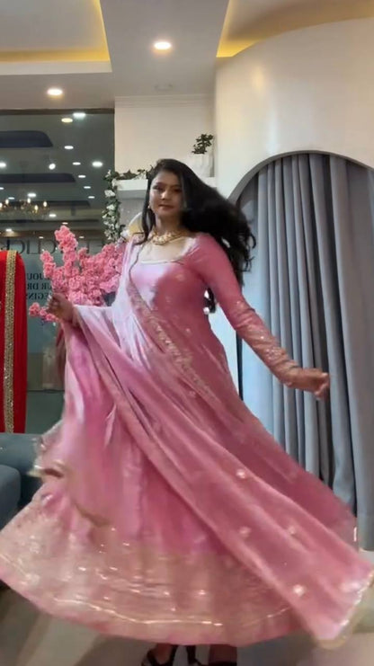 Rose Pink Fendy Silk Gown Salwar Suit for Wedding Party Wear