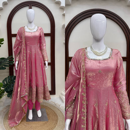Rose Pink Fendy Silk Gown Salwar Suit for Wedding Party Wear