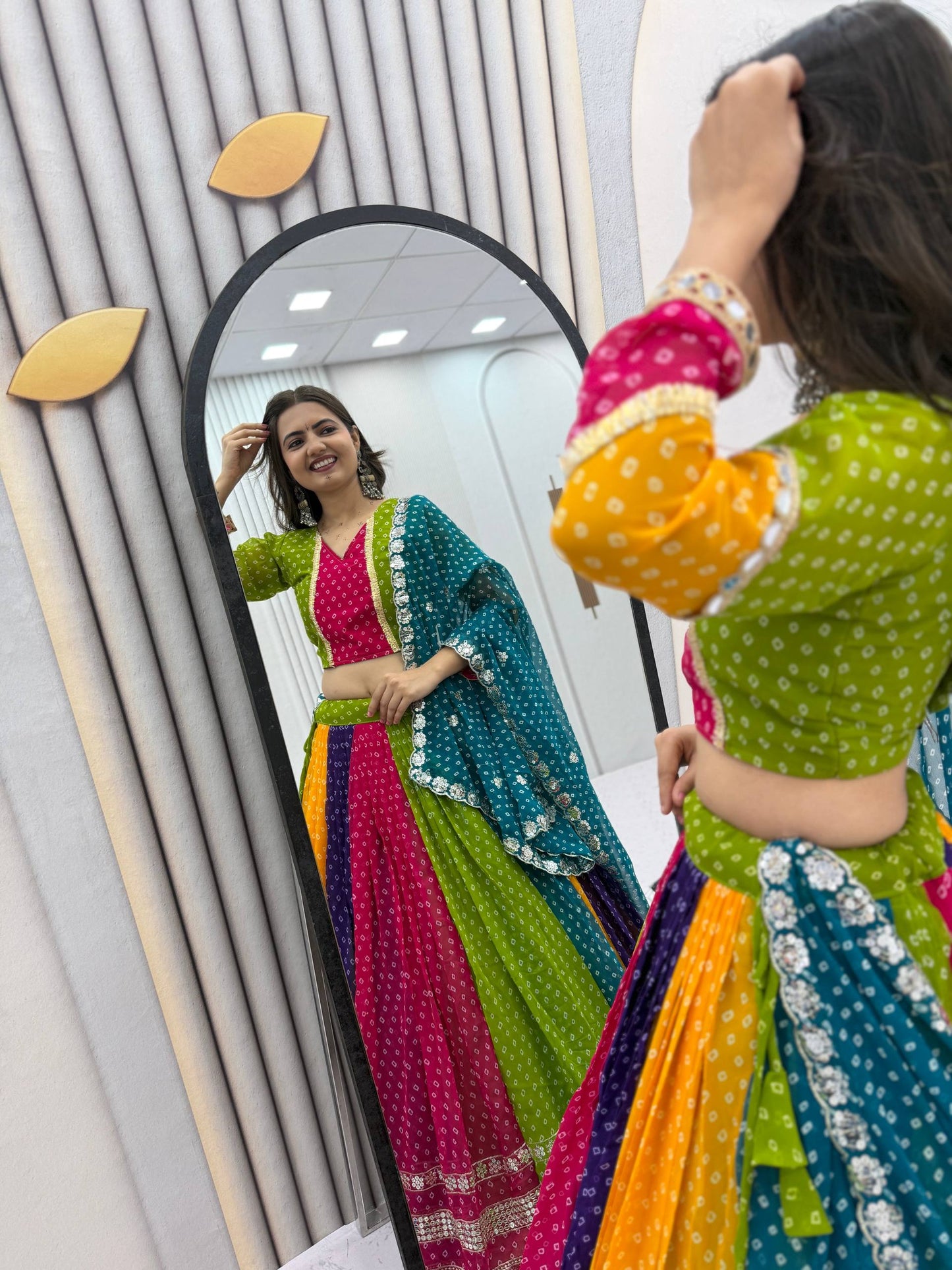 Multicolor Bandhani Georgette Lehenga Choli for Navratri