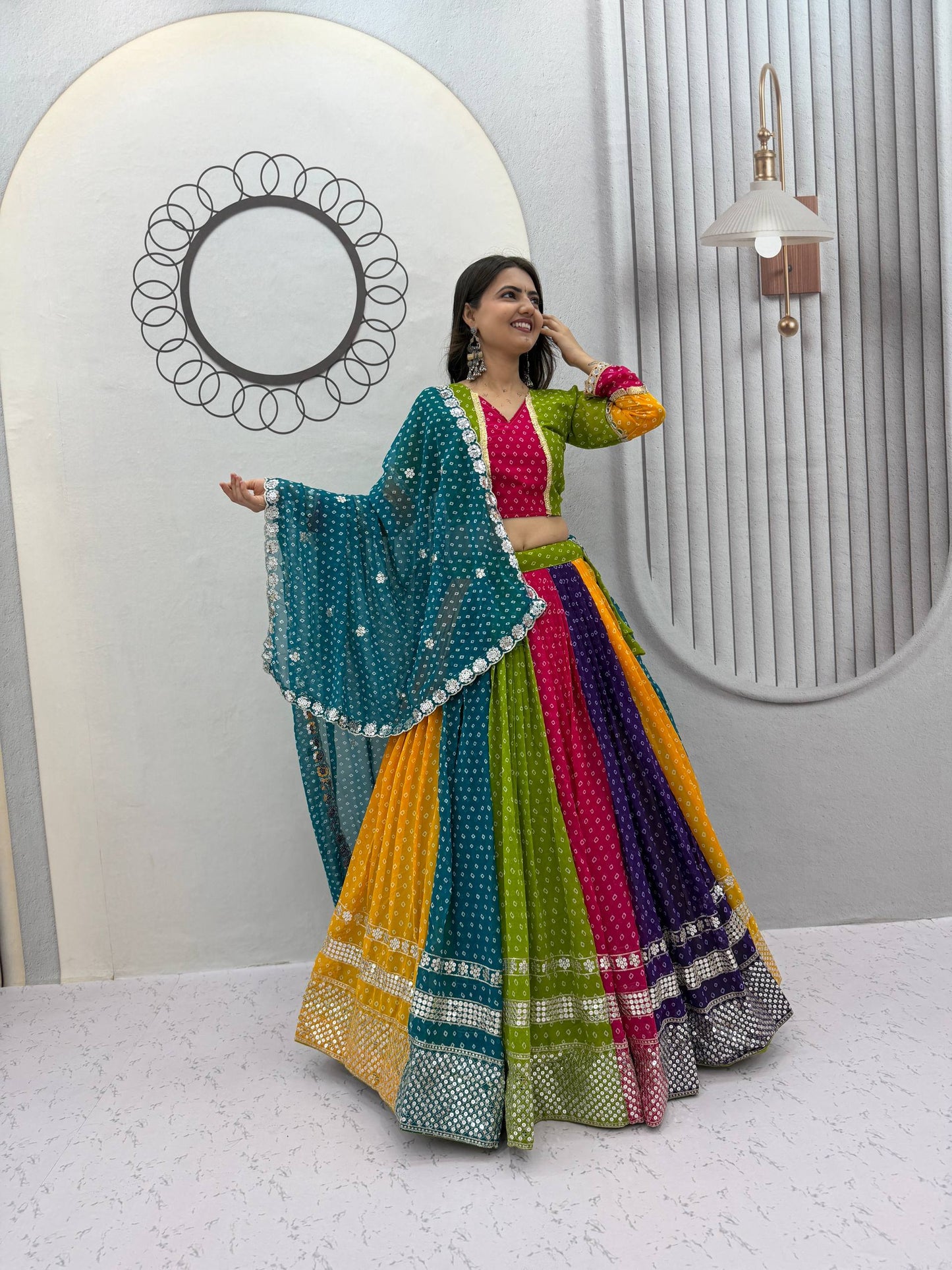 Multicolor Bandhani Georgette Lehenga Choli for Navratri