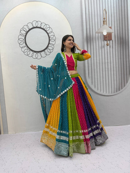 Multicolor Bandhani Georgette Lehenga Choli for Navratri