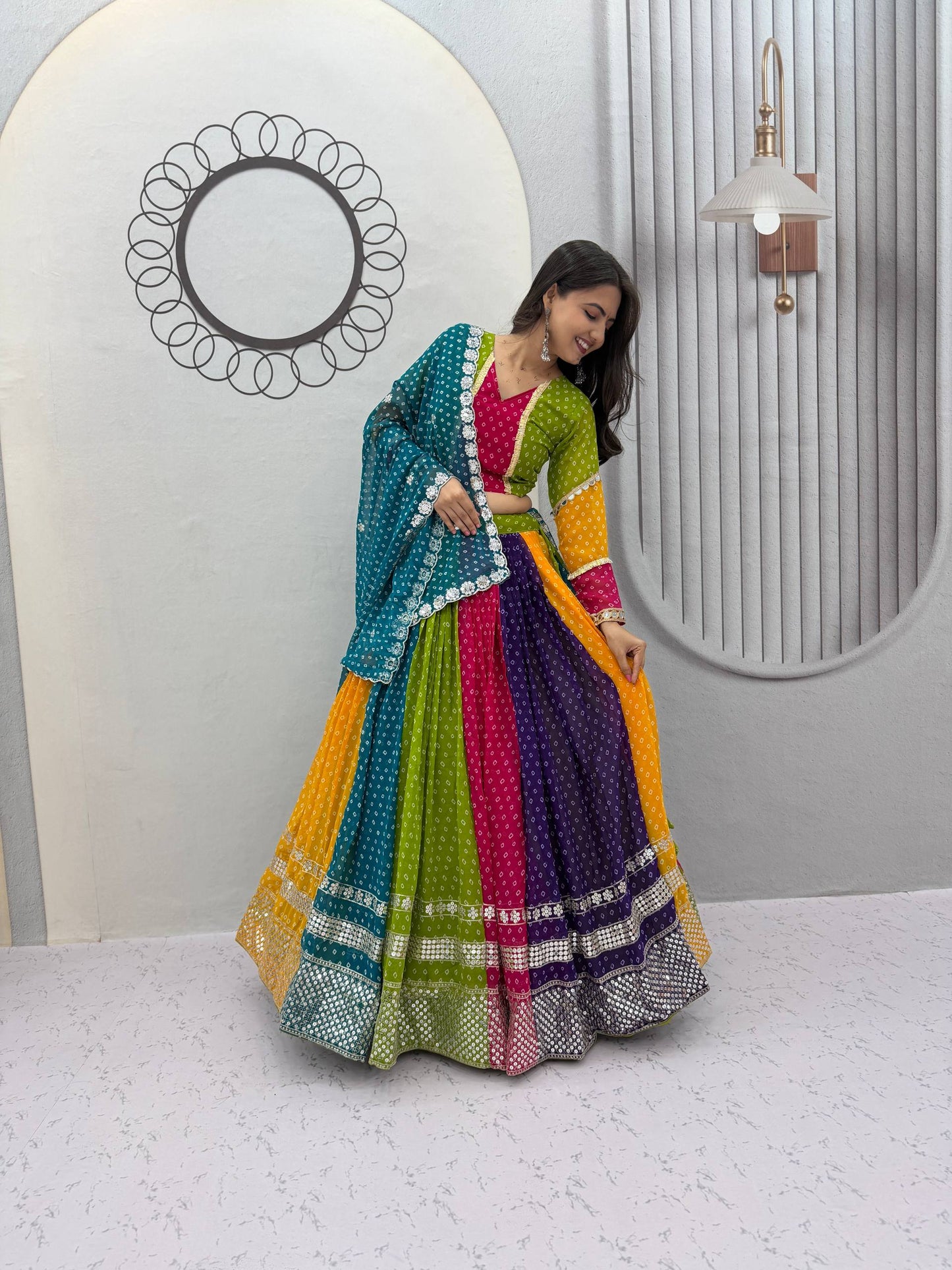 Multicolor Bandhani Georgette Lehenga Choli for Navratri