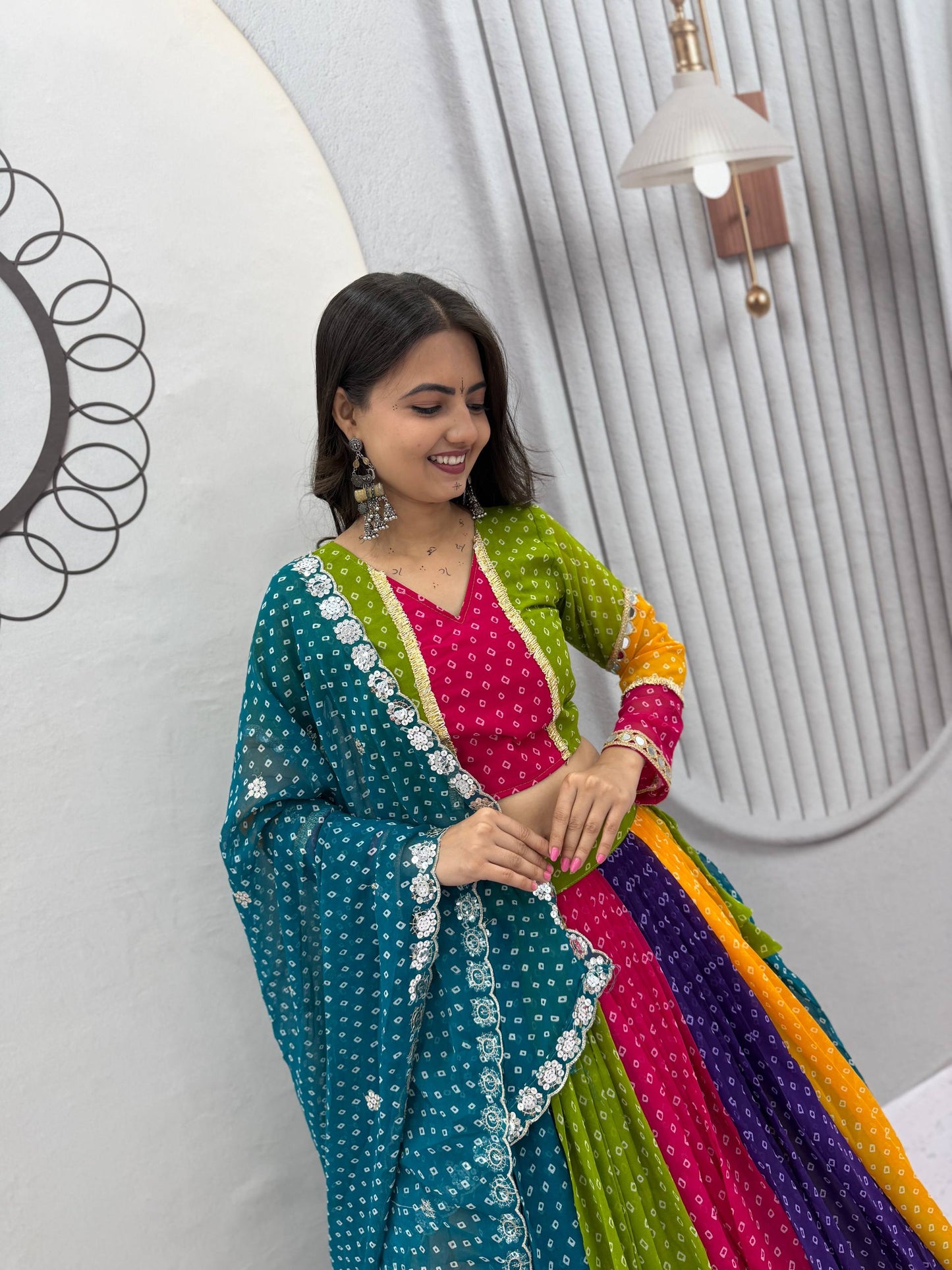 Multicolor Bandhani Georgette Lehenga Choli for Navratri