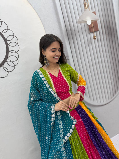 Multicolor Bandhani Georgette Lehenga Choli for Navratri