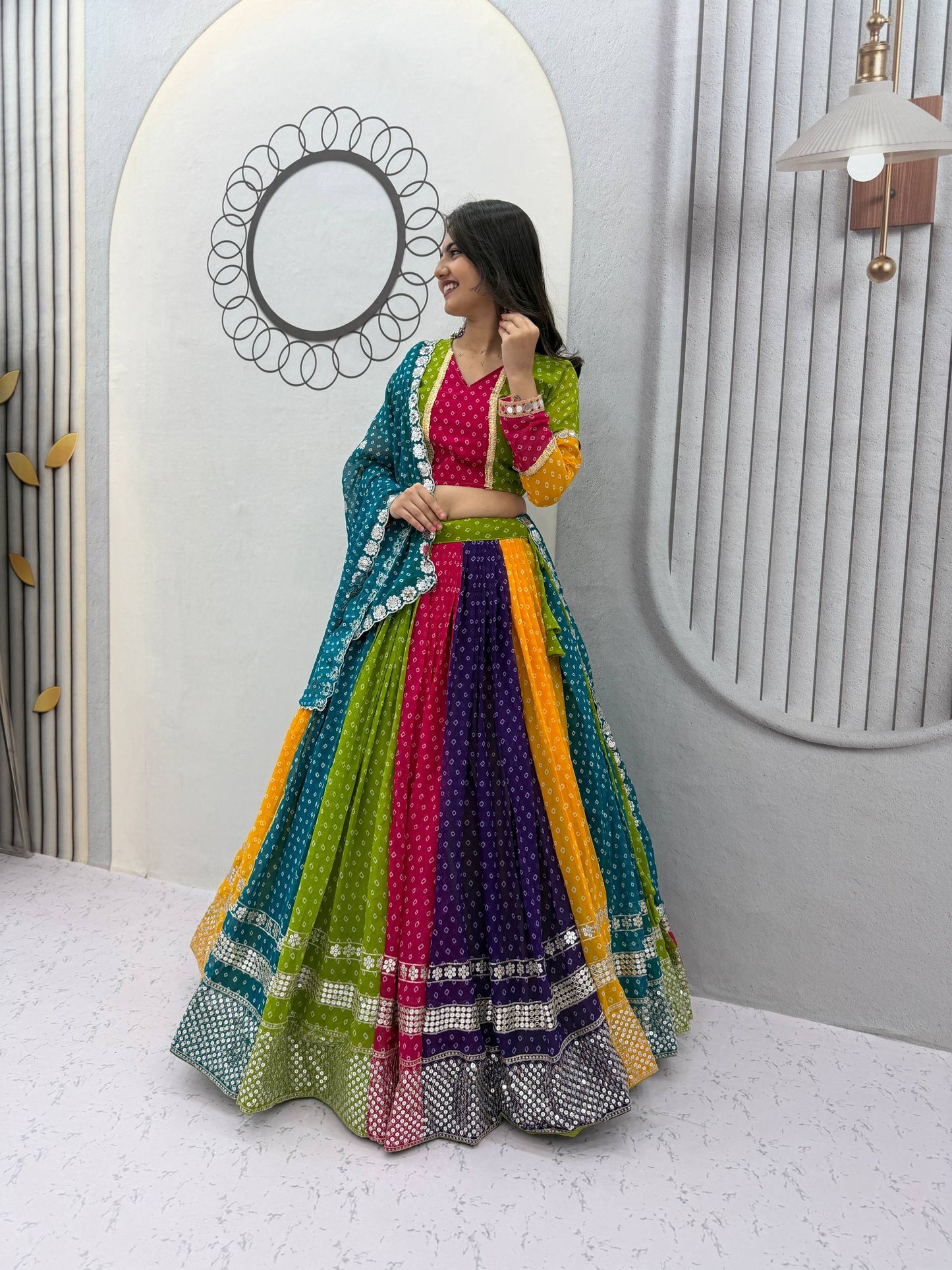 Multicolor Bandhani Georgette Lehenga Choli for Navratri