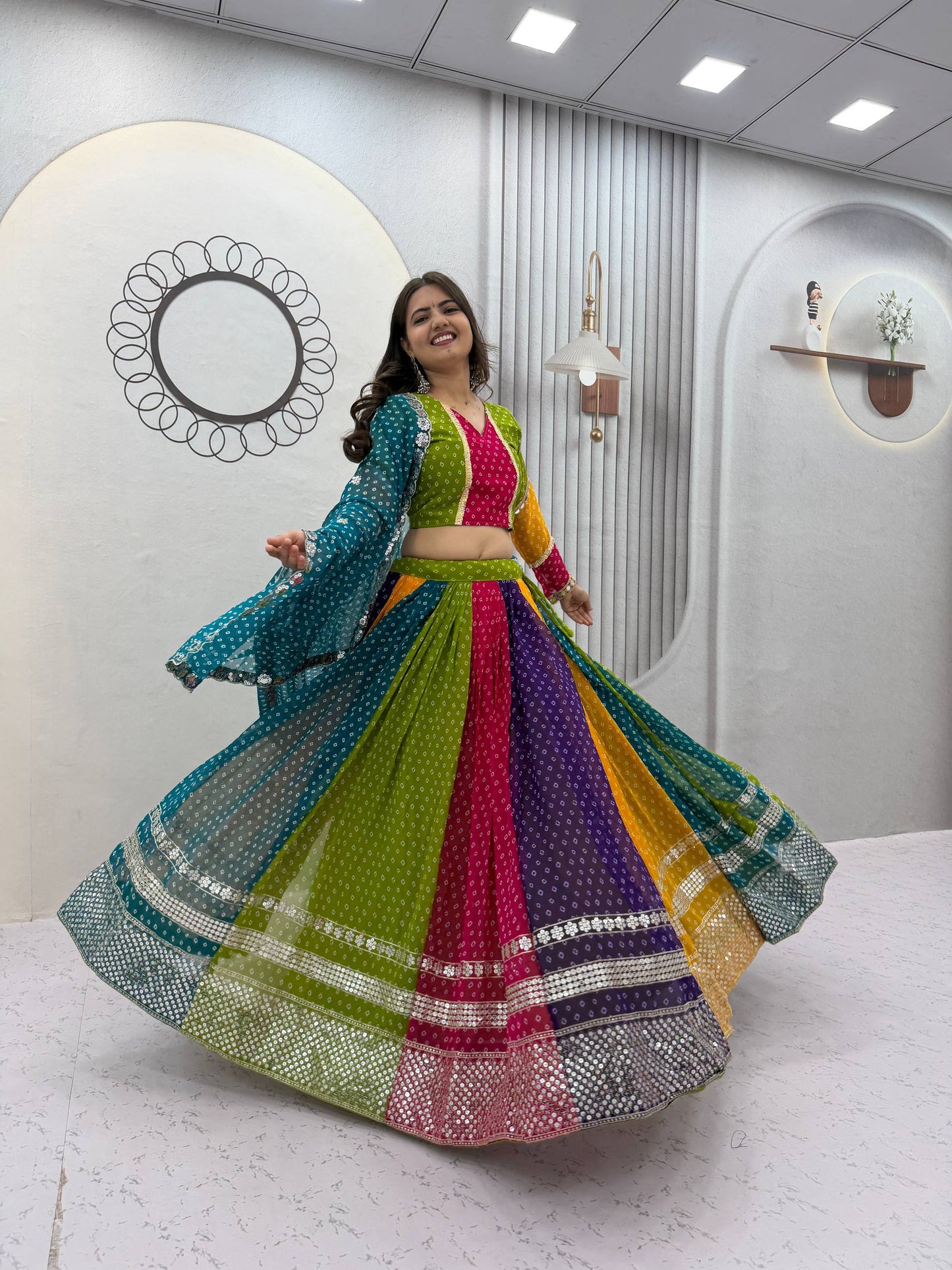 Multicolor Bandhani Georgette Lehenga Choli for Navratri