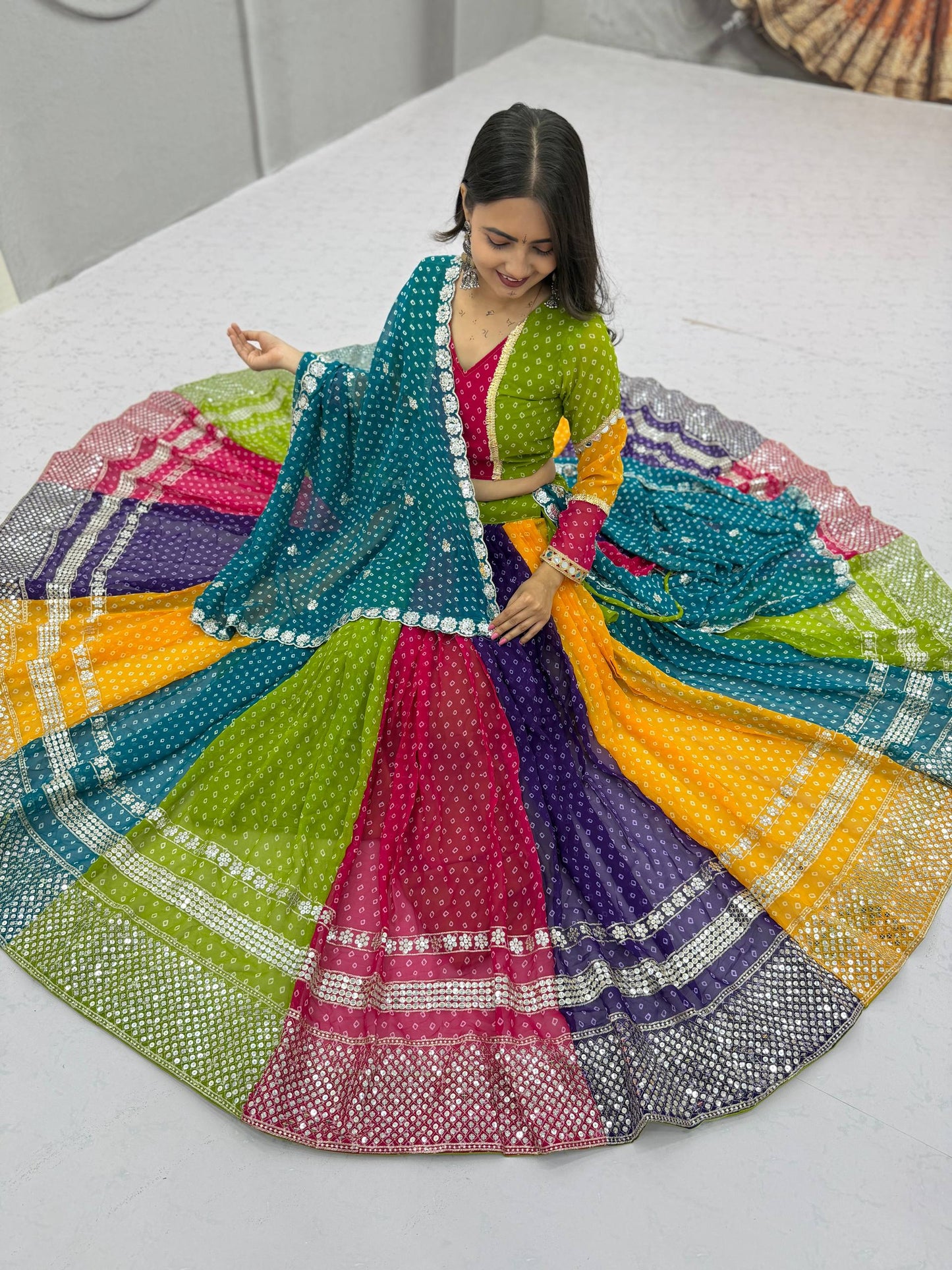 Multicolor Bandhani Georgette Lehenga Choli for Navratri