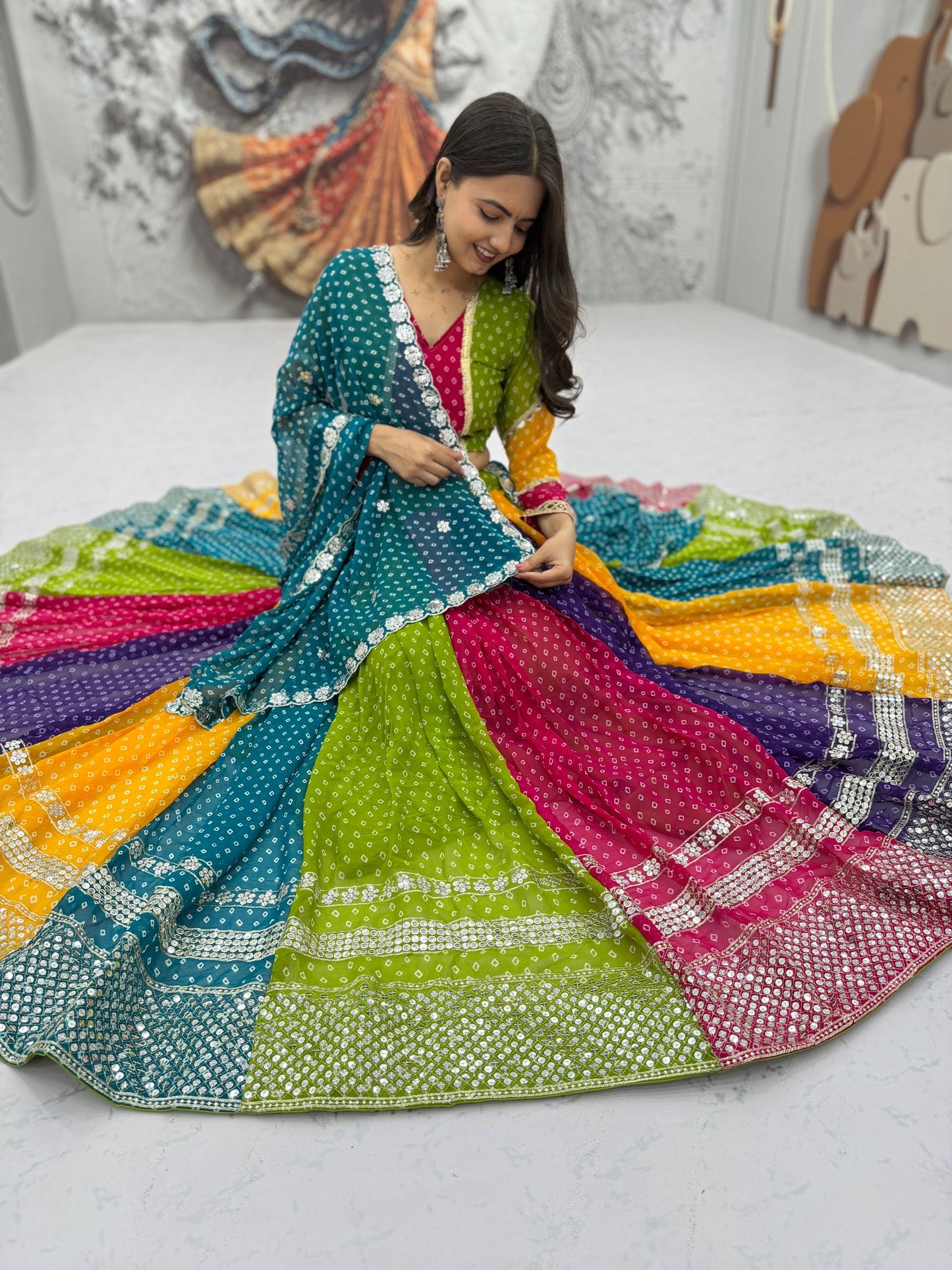Multicolor Bandhani Georgette Lehenga Choli for Navratri