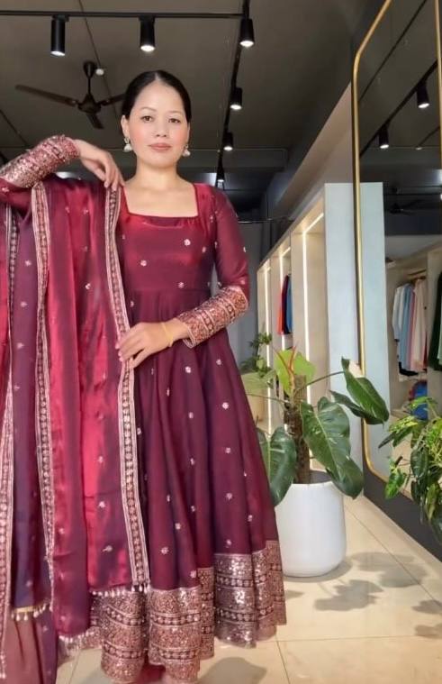 Maroon Fendy Silk Party Wear Salwar Suit with Sequence Work